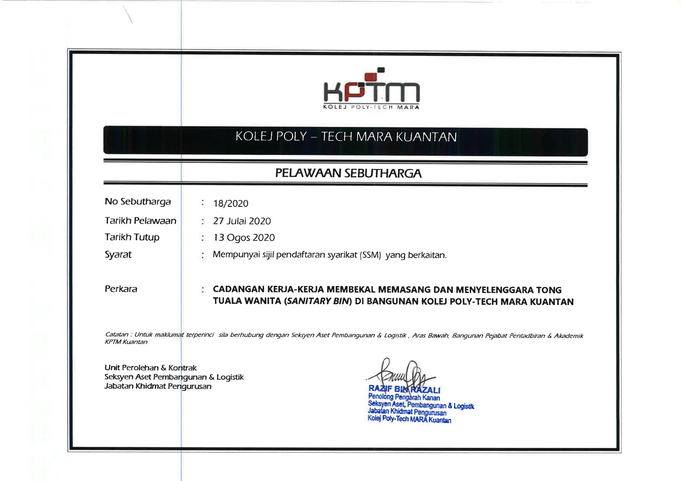 PERKHIDMATAN MEMBEKAL, MEMASANG DAN MENYELENGGARA TONG TUALA WANITA (SANITARY BIN) DI KPTM KUANTAN Image