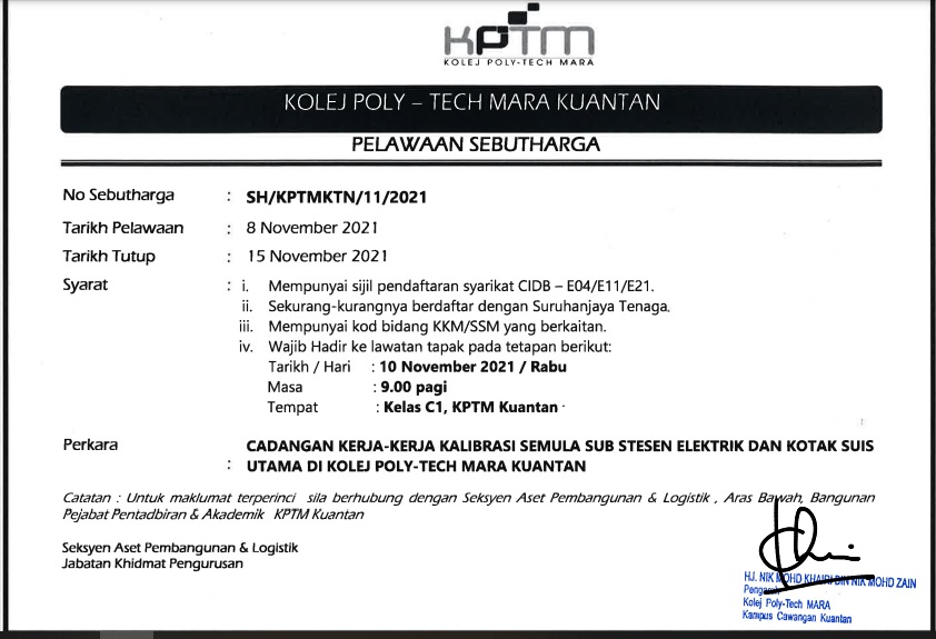 CADANGAN KERJA-KERJA KALIBRASI SEMULA SUB STESEN ELEKTRIK DAN KOTAK SUIS UTAMA DI KOLEJ POLY-TECH MARA KUANTAN Image