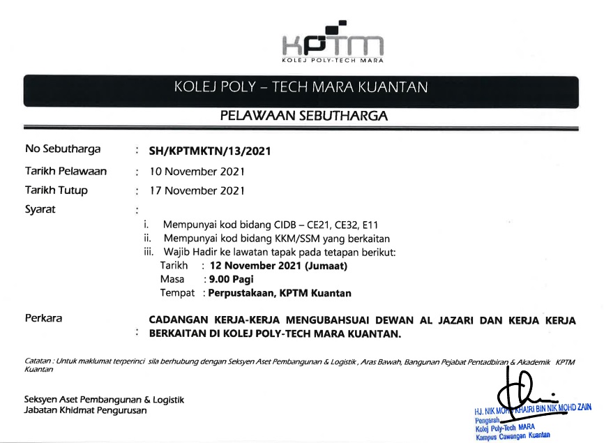 CADANGAN KERJA KERJA MENGUBAHSUAI DEWAN AL JAZARI DAN KERJA KERJA BERKAITAN DI KOLEJ POLY TECH MARA KUANTAN Image