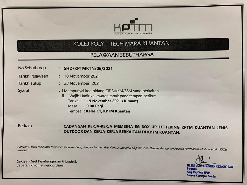 CADANGAN KERJA KERJA MEMBINA EG BOX UP LETTERING KPTM KUANTAN JENIS OUTDOOR SERTA KERJA-KERJA BERKAITAN DI KPTM KUANTAN Image