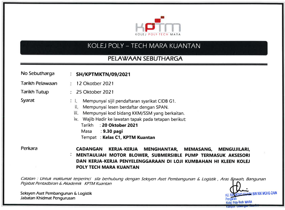 CADANGAN KERJA-KERJA MENGHANTAR, MEMASANG, MENGUJILARI, MENTAULIAH MOTOR BLOWER, SUBMERSIBLE PUMP TERMASUK AKSESORI DAN KERJA-KERJA PENYELENGGARAAN DI LOJI KUMBAHAN HI KLEEN KOLEJ POLY TECH MARA KUANTAN Image